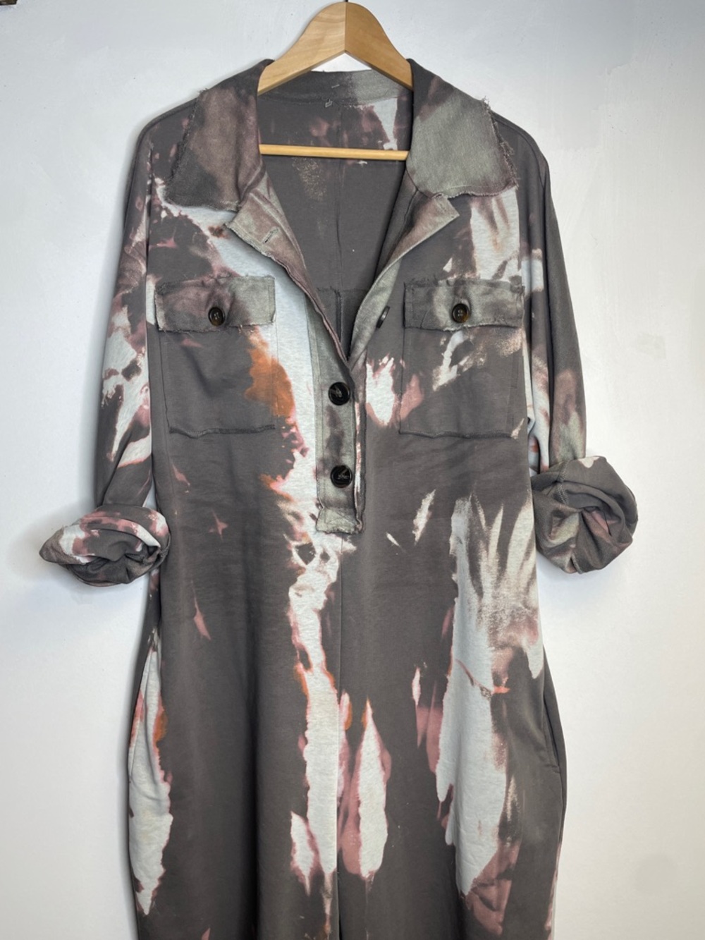 Tie-Dye Button Front Tunic Dress in Gray & Pink